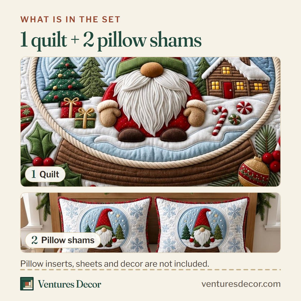 What is in the set: one quilt and two pillow shams, shown in the Christmas Gnome in Gray and Brown design