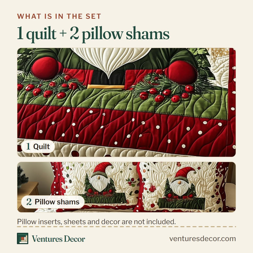 What is in the set: one quilt and two pillow shams, shown in the Christmas Gnome Red Hat Holly Panel design