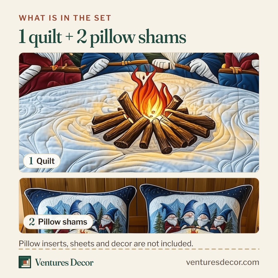 What is in the set: one quilt and two pillow shams, shown in the Christmas Gnomes Campfire on Blue Snow design