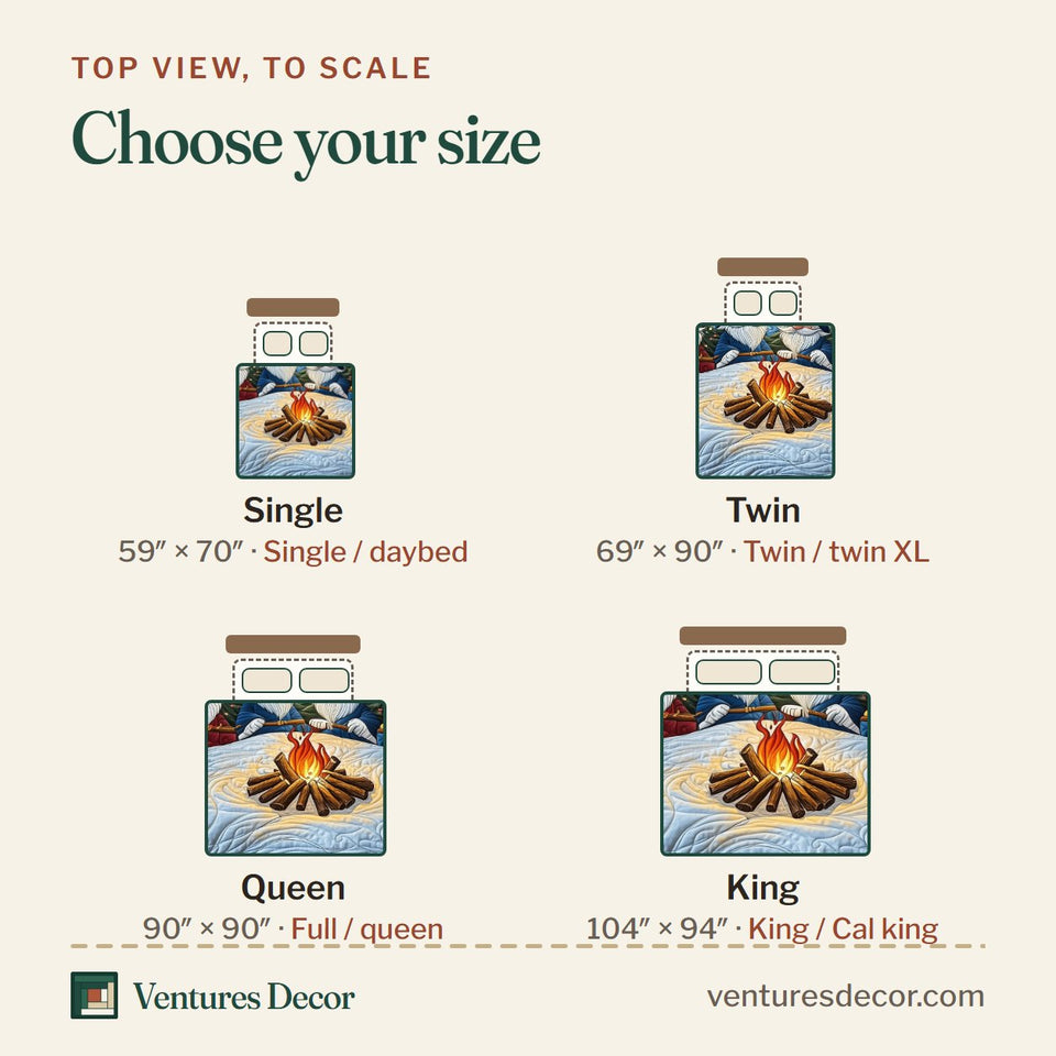 Size guide for the Christmas Gnomes Campfire on Blue Snow quilt, top view to scale: Single 59 x 70 in, Twin 69 x 90 in, Queen 90 x 90 in, King 104 x 94 in