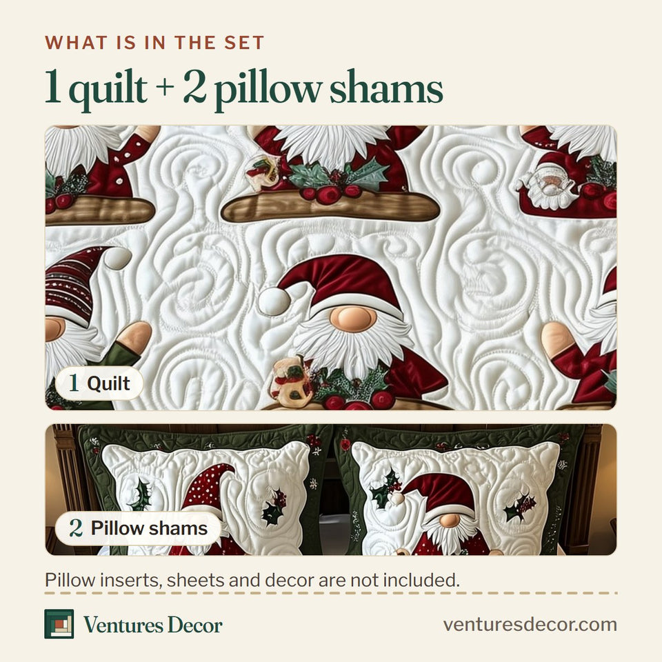 What is in the set: one quilt and two pillow shams, shown in the Christmas Gnomes Six Figure Grid Cream design