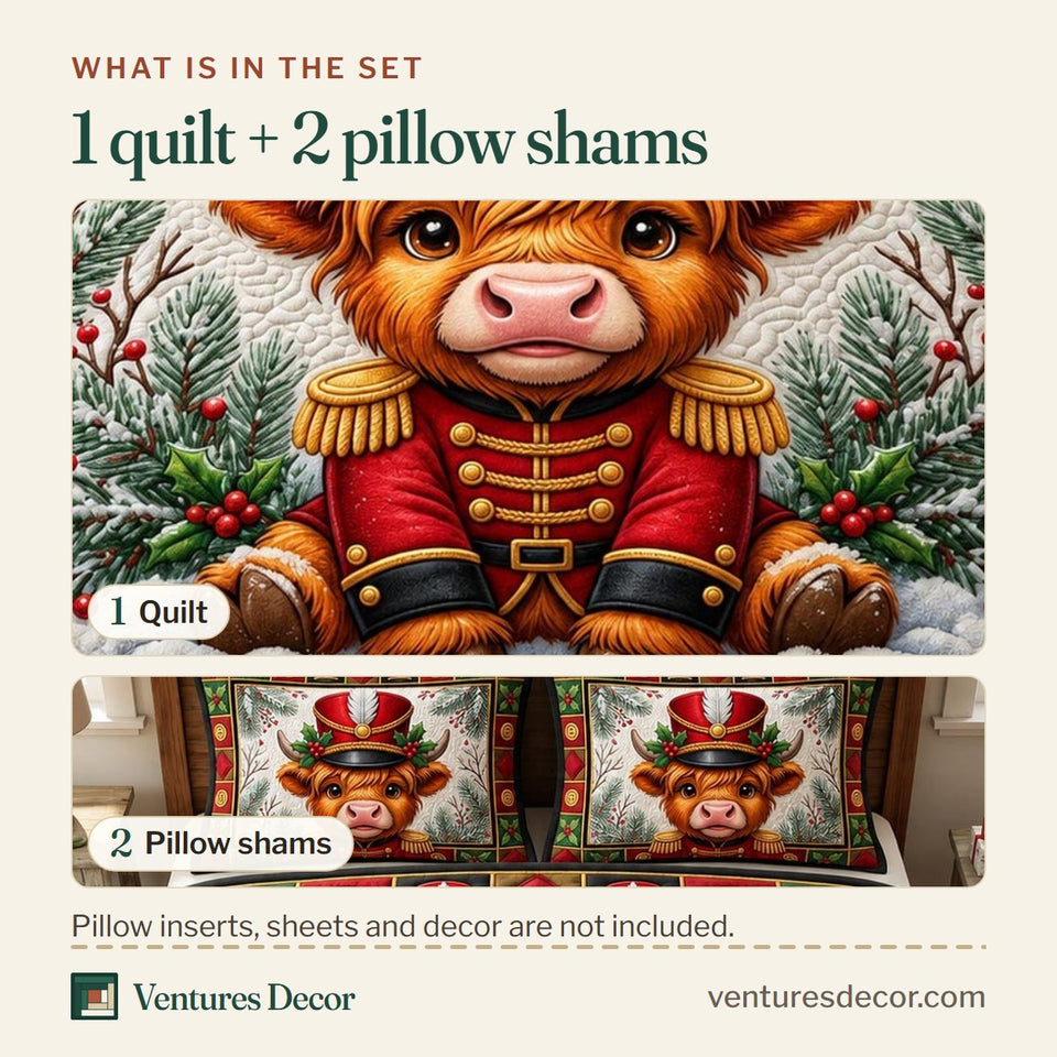 What is in the set: one quilt and two pillow shams, shown in the Christmas Highland Cow Christmas Decor design