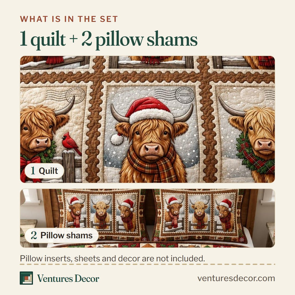 What is in the set: one quilt and two pillow shams, shown in the Christmas Highland Cow Lover design