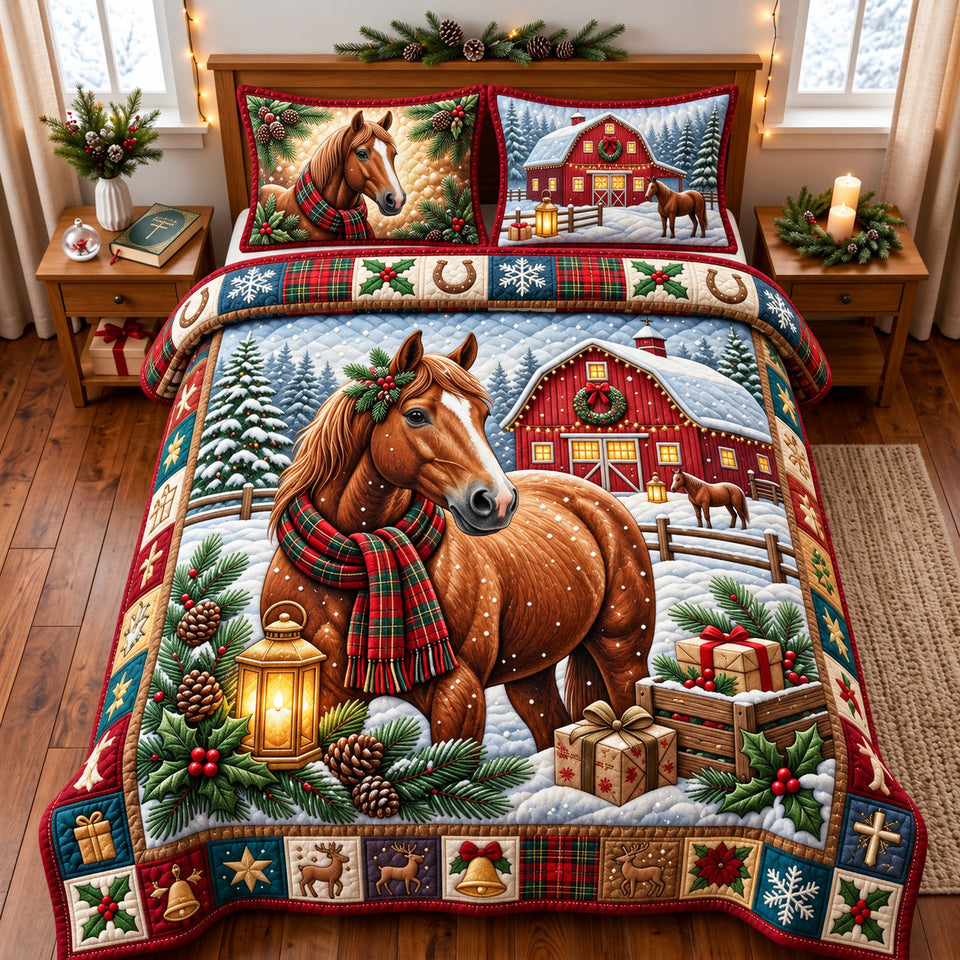 Christmas Horse quilted bedding set, quilt and two pillow shams on a made bed