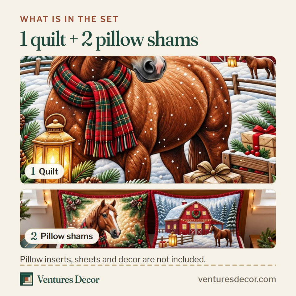 What is in the set: one quilt and two pillow shams, shown in the Christmas Horse design