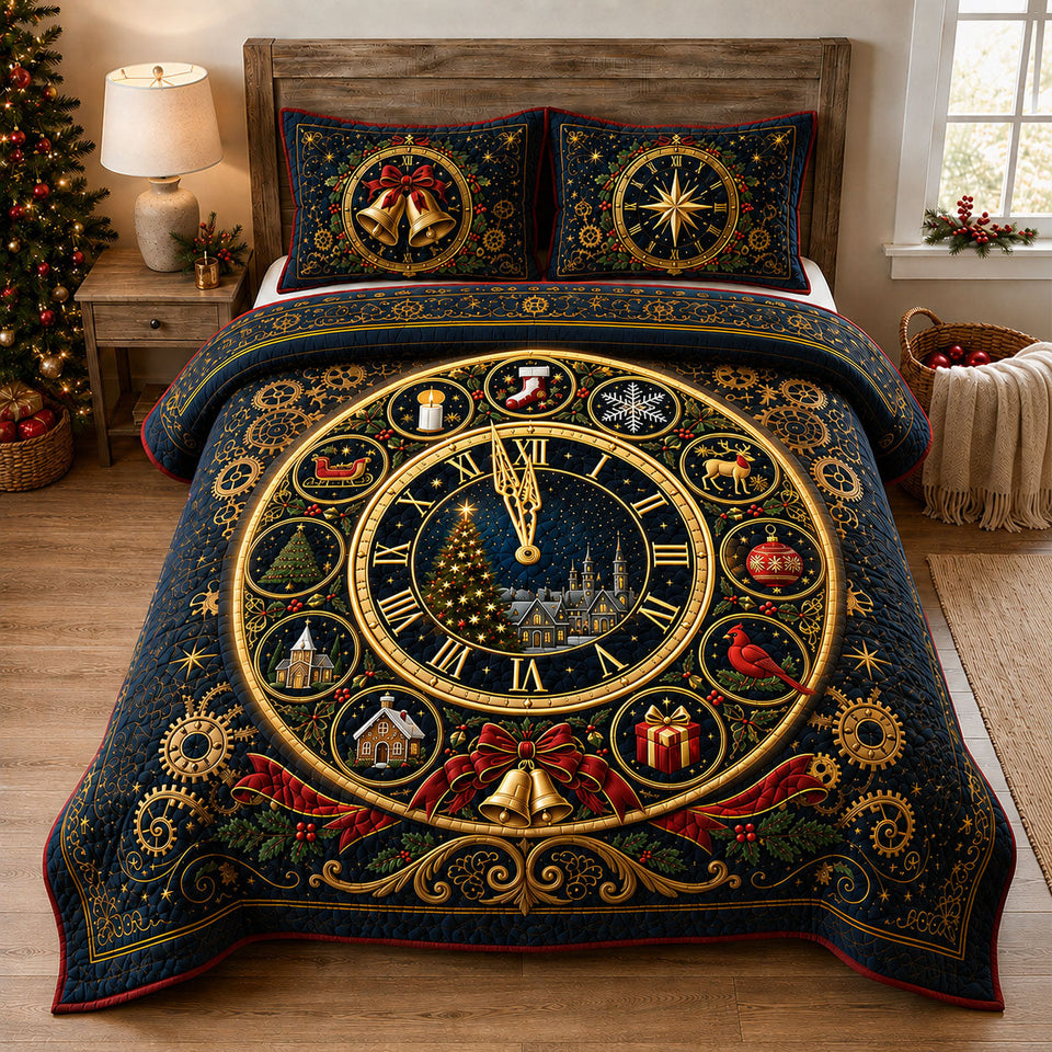 Christmas Midnight Countdown quilted bedding set, quilt and two pillow shams on a made bed