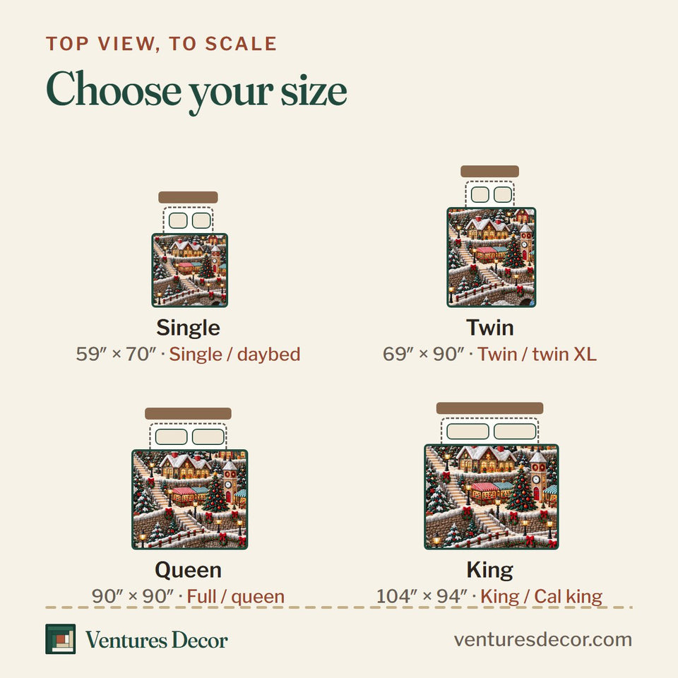 Size guide for the Christmas Mountain Railway quilt, top view to scale: Single 59 x 70 in, Twin 69 x 90 in, Queen 90 x 90 in, King 104 x 94 in