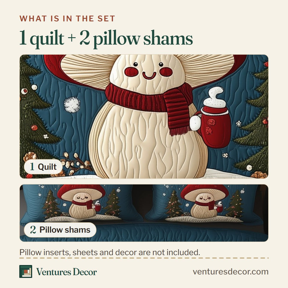 What is in the set: one quilt and two pillow shams, shown in the Christmas Mushroom design
