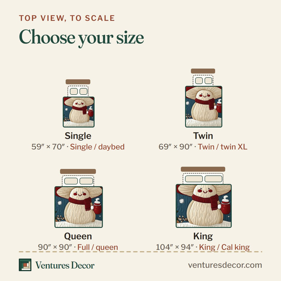 Size guide for the Christmas Mushroom quilt, top view to scale: Single 59 x 70 in, Twin 69 x 90 in, Queen 90 x 90 in, King 104 x 94 in