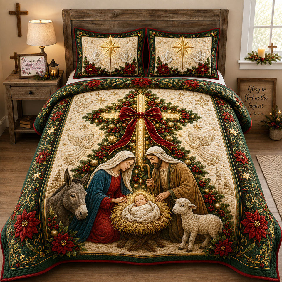 Christmas Nativity Cross quilted bedding set, quilt and two pillow shams on a made bed
