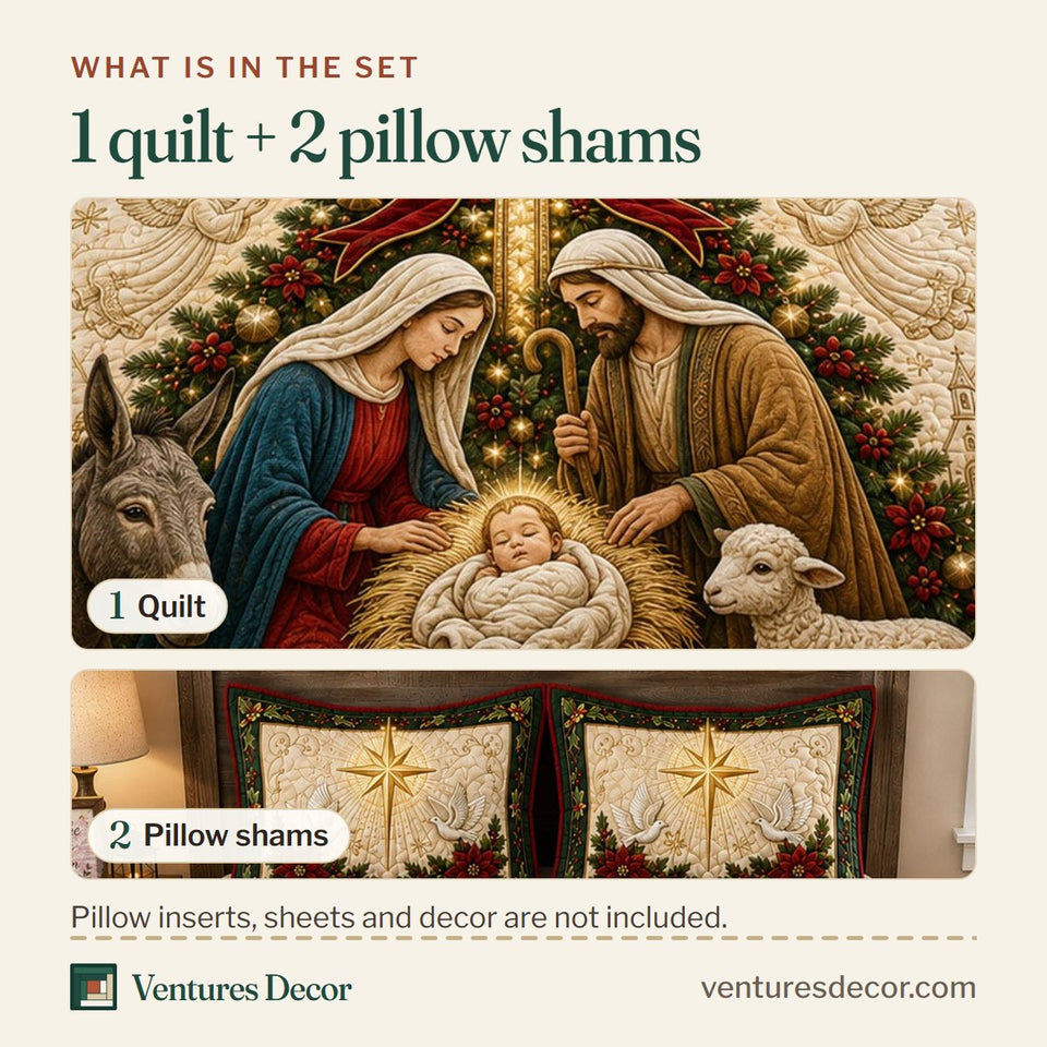 What is in the set: one quilt and two pillow shams, shown in the Christmas Nativity Cross design