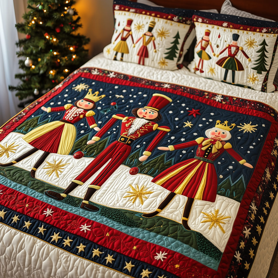 Christmas Nutcracker Dancers on Starry Stripe quilted bedding set, quilt and two pillow shams on a made bed