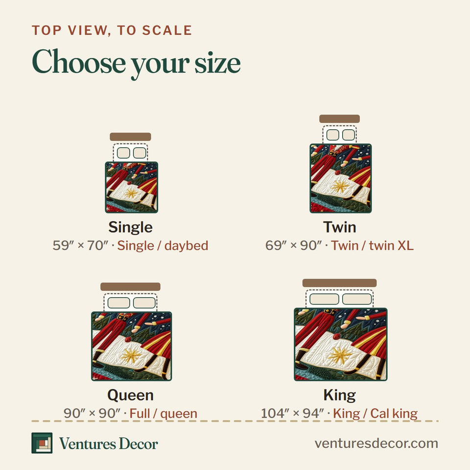 Size guide for the Christmas Nutcracker Dancers on Starry Stripe quilt, top view to scale: Single 59 x 70 in, Twin 69 x 90 in, Queen 90 x 90 in, King 104 x 94 in