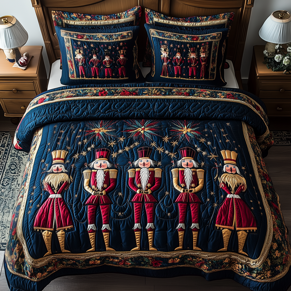 Christmas Nutcracker Five Guards Starlight quilted bedding set, quilt and two pillow shams on a made bed