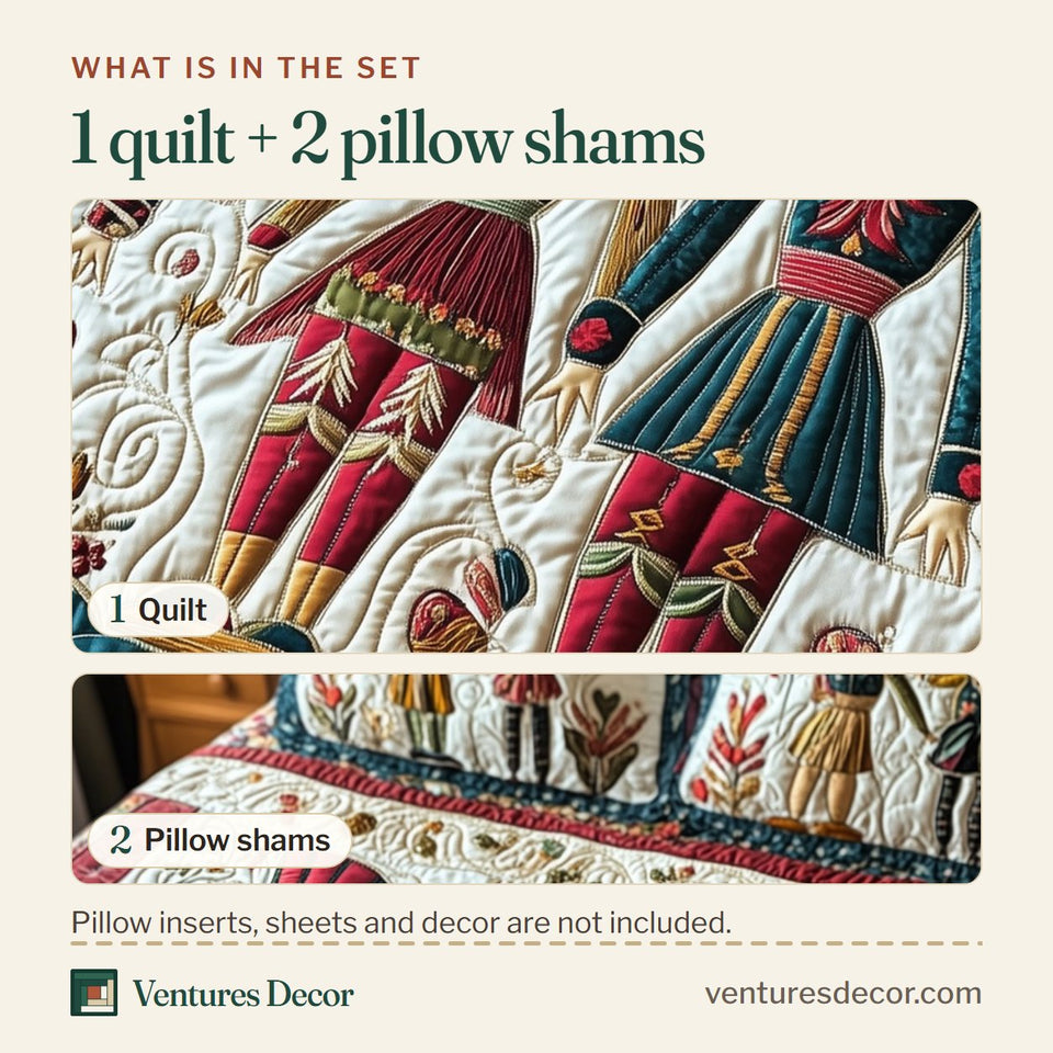 What is in the set: one quilt and two pillow shams, shown in the Christmas Nutcracker Teal Folk Parade design