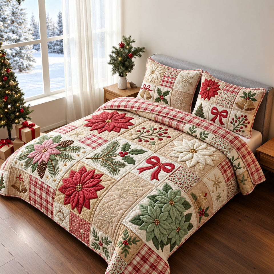 Christmas Patchwork Holiday quilted bedding set, quilt and two pillow shams on a made bed