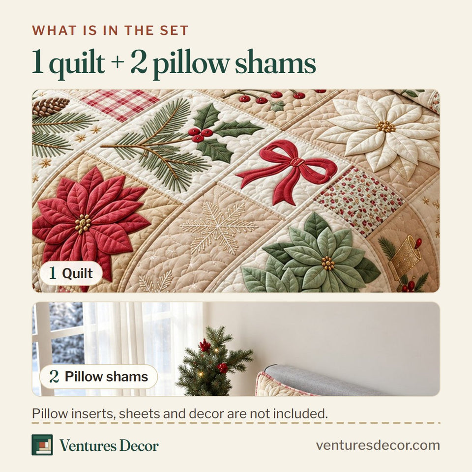 What is in the set: one quilt and two pillow shams, shown in the Christmas Patchwork Holiday Quilt Set, 3-Piece Quilted Bedding with 2 Pillow Shams design