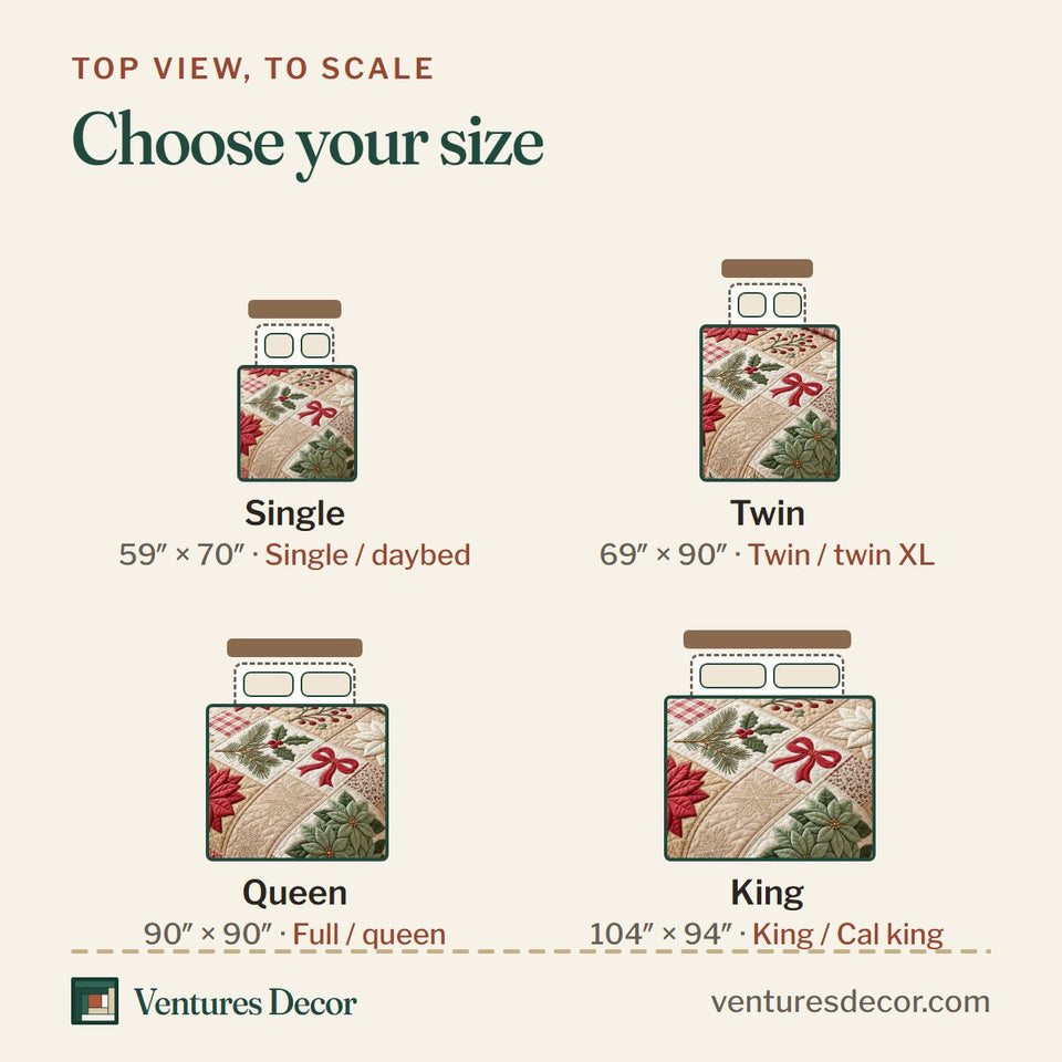 Size guide for the Christmas Patchwork Holiday Quilt Set, 3-Piece Quilted Bedding with 2 Pillow Shams quilt, top view to scale: Single 59 x 70 in, Twin 69 x 90 in, Queen 90 x 90 in, King 104 x 94 in