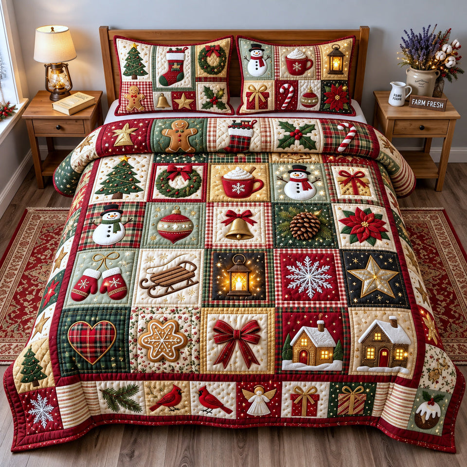Christmas Patchwork quilted bedding set, quilt and two pillow shams on a made bed