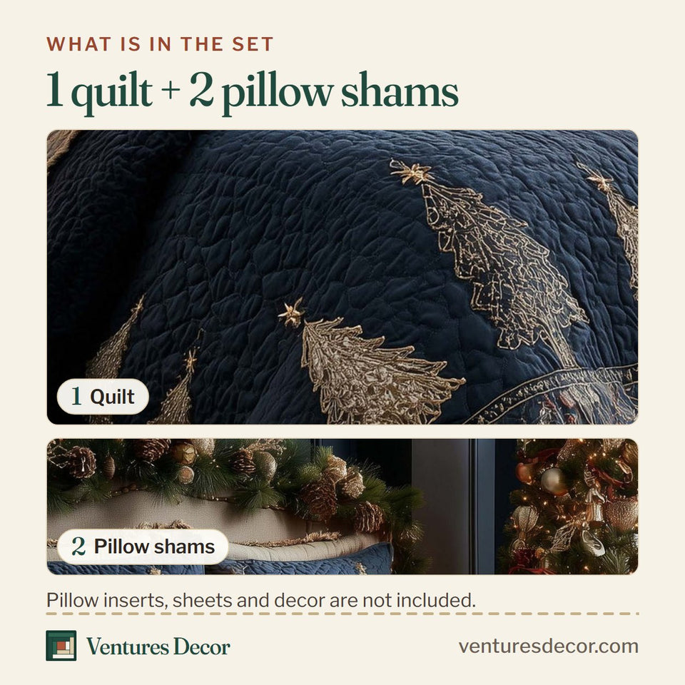 What is in the set: one quilt and two pillow shams, shown in the Christmas Pine Forest Cream Trees On Deep Navy design