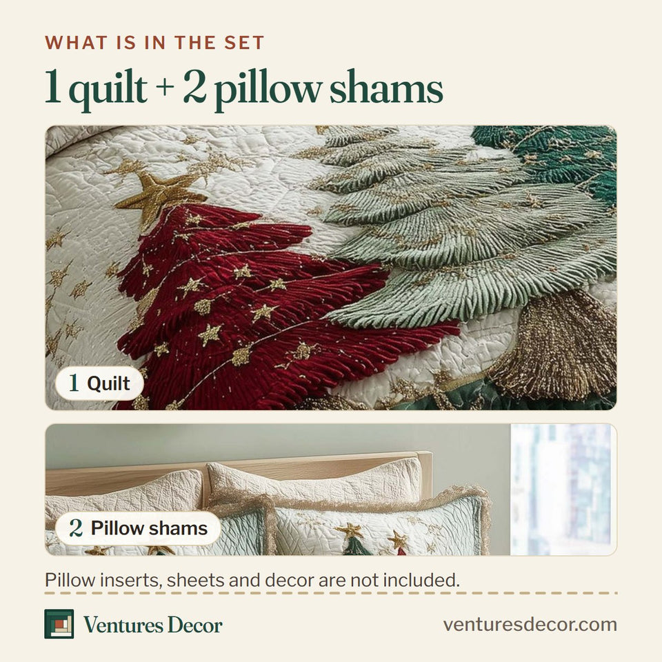 What is in the set: one quilt and two pillow shams, shown in the Christmas Pine Forest Green Firs With Gold Stars design
