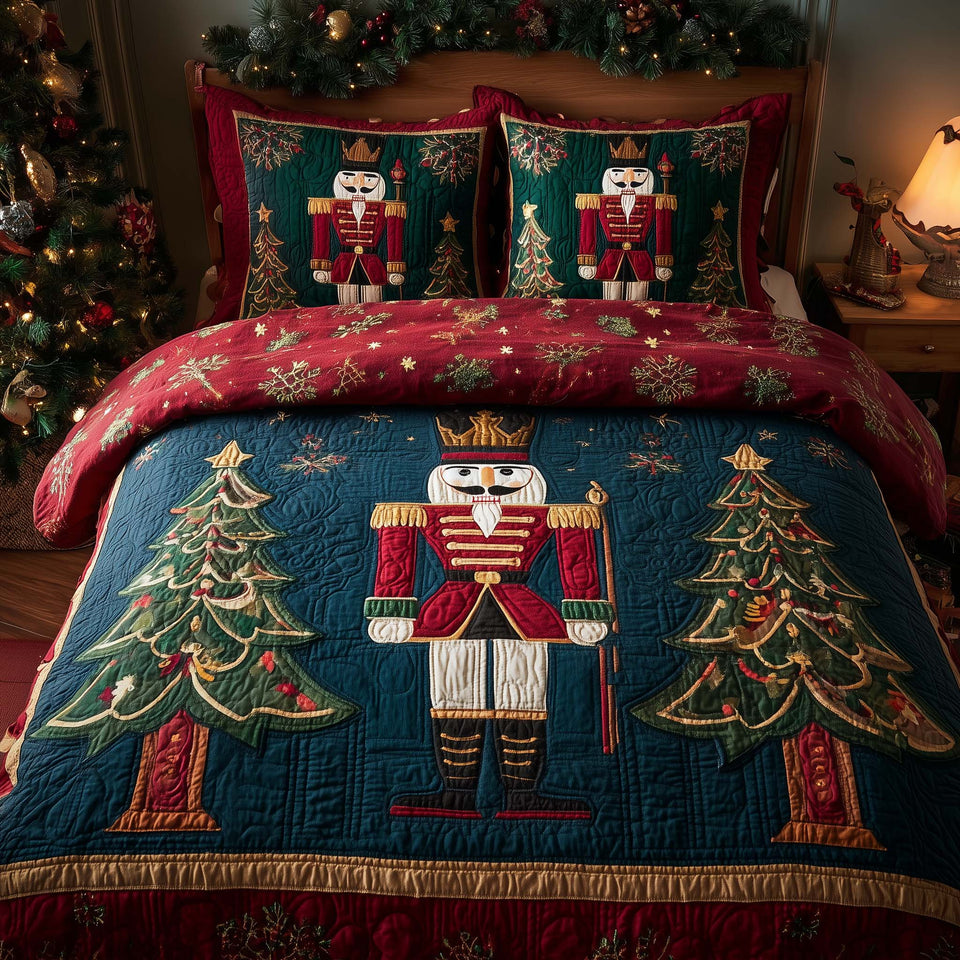 Christmas Pine Forest Navy Ground Crimson Border quilted bedding set, quilt and two pillow shams on a made bed