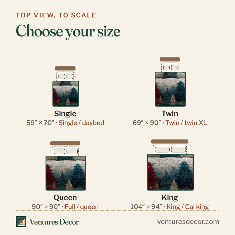 Size guide for the Christmas Pine Forest Red And Teal Trees On White quilt, top view to scale: Single 59 x 70 in, Twin 69 x 90 in, Queen 90 x 90 in, King 104 x 94 in