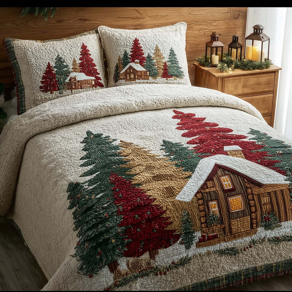 Christmas Pine Forest Snowy Cabin Among Firs quilted bedding set, quilt and two pillow shams on a made bed