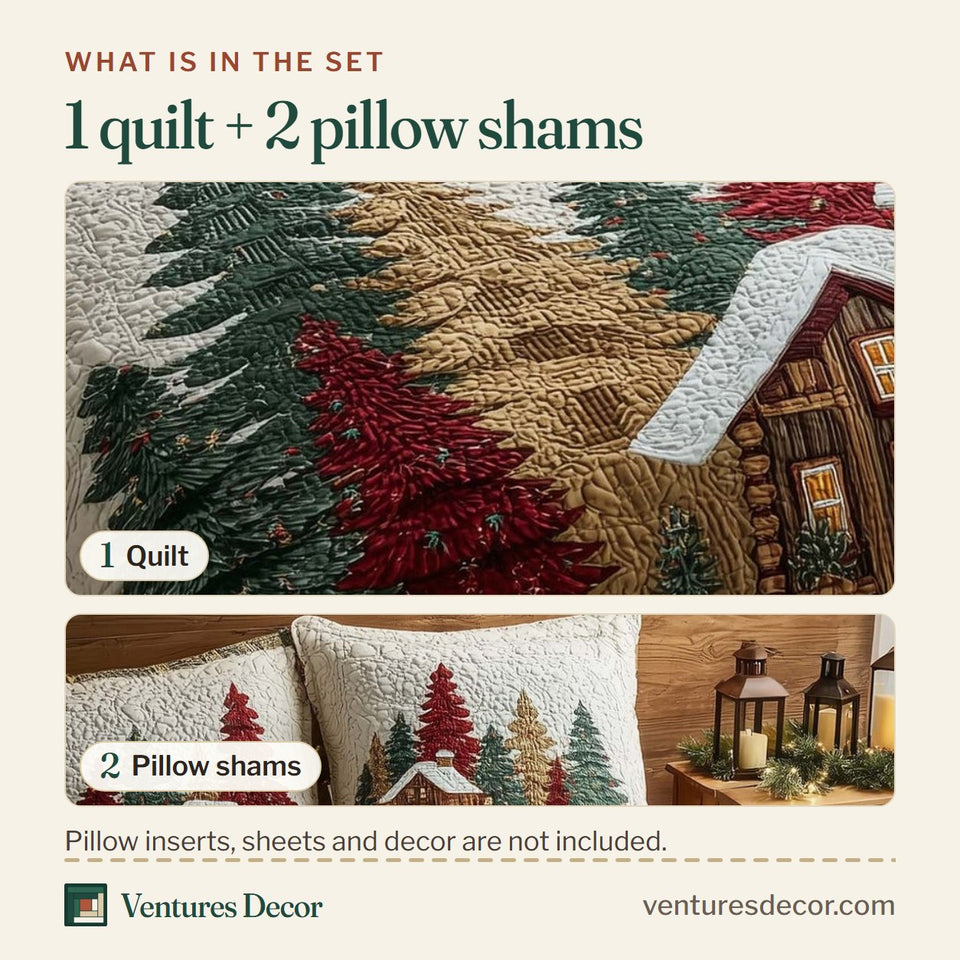 What is in the set: one quilt and two pillow shams, shown in the Christmas Pine Forest Snowy Cabin Among Firs design