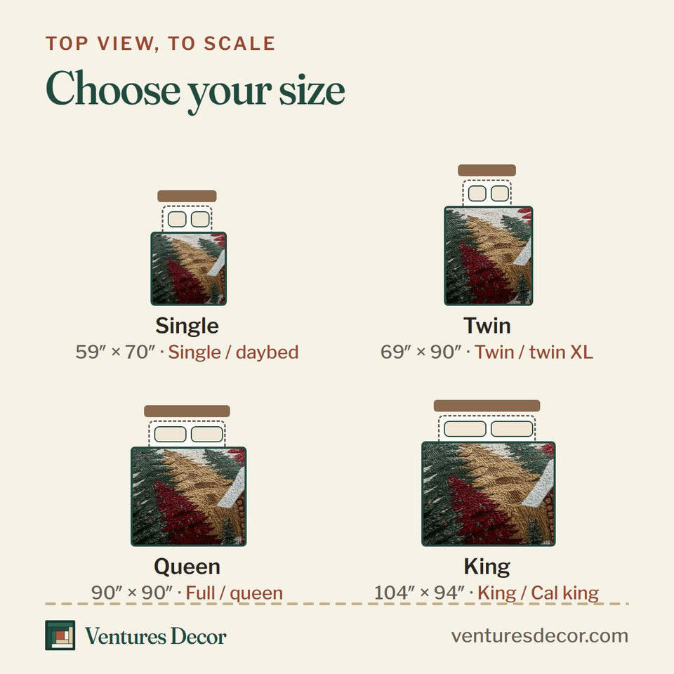 Size guide for the Christmas Pine Forest Snowy Cabin Among Firs quilt, top view to scale: Single 59 x 70 in, Twin 69 x 90 in, Queen 90 x 90 in, King 104 x 94 in