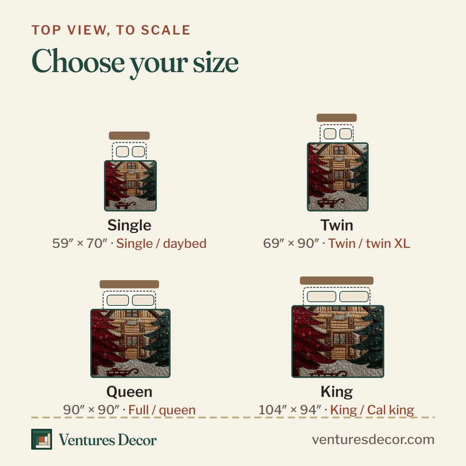 Size guide for the Christmas Pine Forest Wooden Lodge And Red Sled quilt, top view to scale: Single 59 x 70 in, Twin 69 x 90 in, Queen 90 x 90 in, King 104 x 94 in