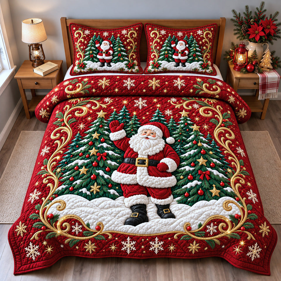 Christmas Santa Holiday quilted bedding set, quilt and two pillow shams on a made bed