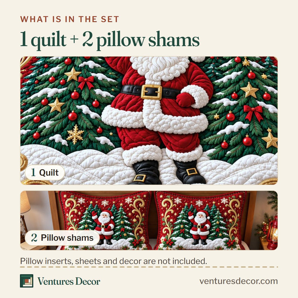 What is in the set: one quilt and two pillow shams, shown in the Christmas Santa Holiday Quilt Set, 3-Piece Quilted Bedding with 2 Pillow Shams design