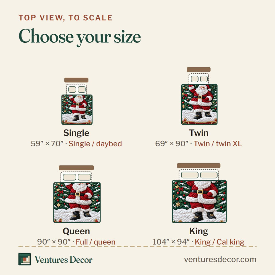 Size guide for the Christmas Santa Holiday Quilt Set, 3-Piece Quilted Bedding with 2 Pillow Shams quilt, top view to scale: Single 59 x 70 in, Twin 69 x 90 in, Queen 90 x 90 in, King 104 x 94 in