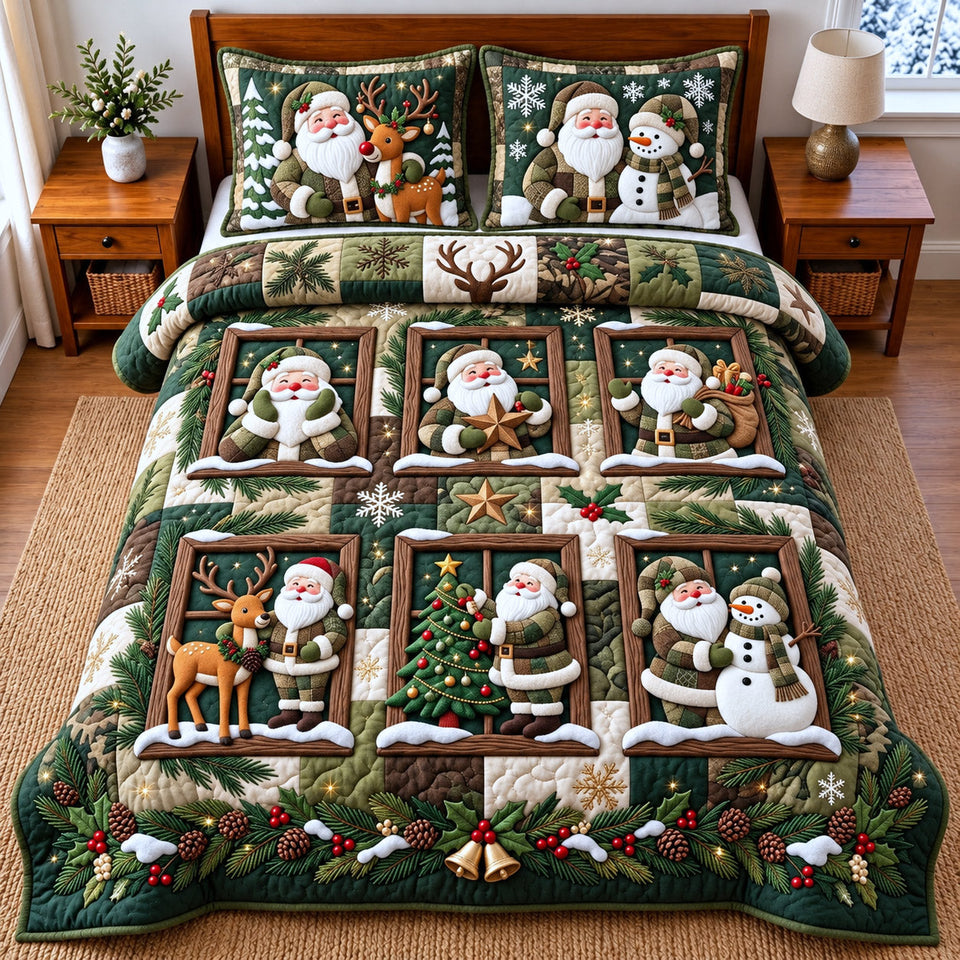 Christmas Santa Winter quilted bedding set, quilt and two pillow shams on a made bed
