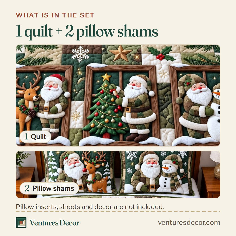 What is in the set: one quilt and two pillow shams, shown in the Christmas Santa Winter Quilt Set, 3-Piece Quilted Bedding with 2 Pillow Shams design