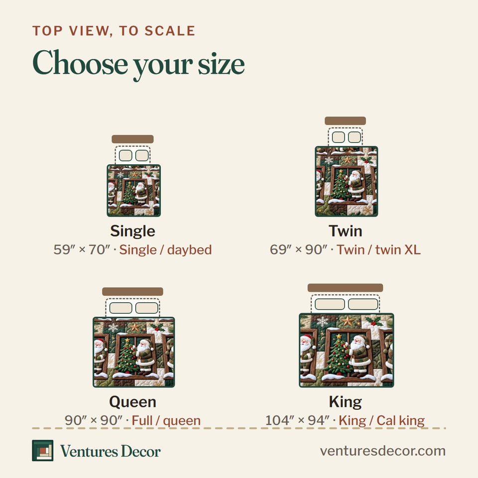 Size guide for the Christmas Santa Winter Quilt Set, 3-Piece Quilted Bedding with 2 Pillow Shams quilt, top view to scale: Single 59 x 70 in, Twin 69 x 90 in, Queen 90 x 90 in, King 104 x 94 in