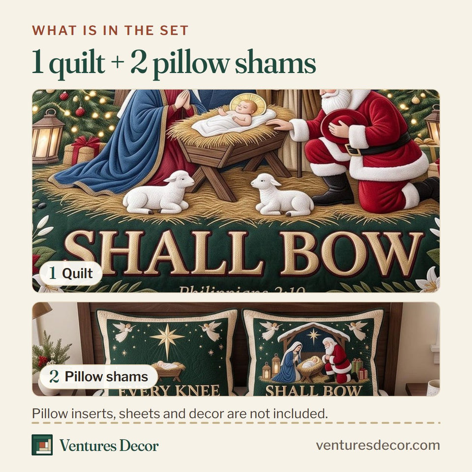 What is in the set: one quilt and two pillow shams, shown in the Christmas Shall Bow design