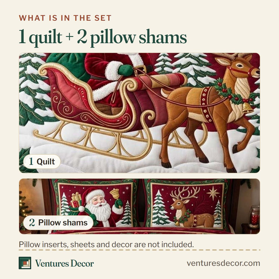 What is in the set: one quilt and two pillow shams, shown in the Christmas sleigh Of Santa Claus design