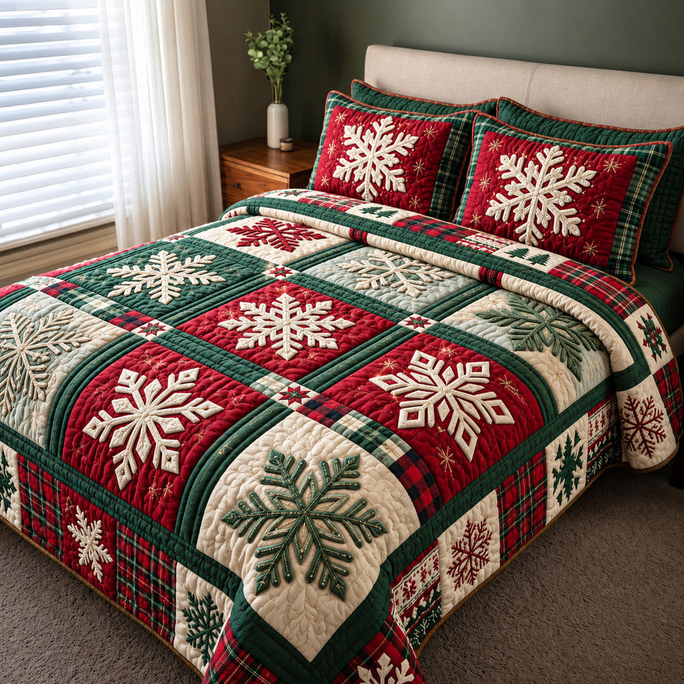 Christmas Snowflake quilted bedding set, quilt and two pillow shams on a made bed