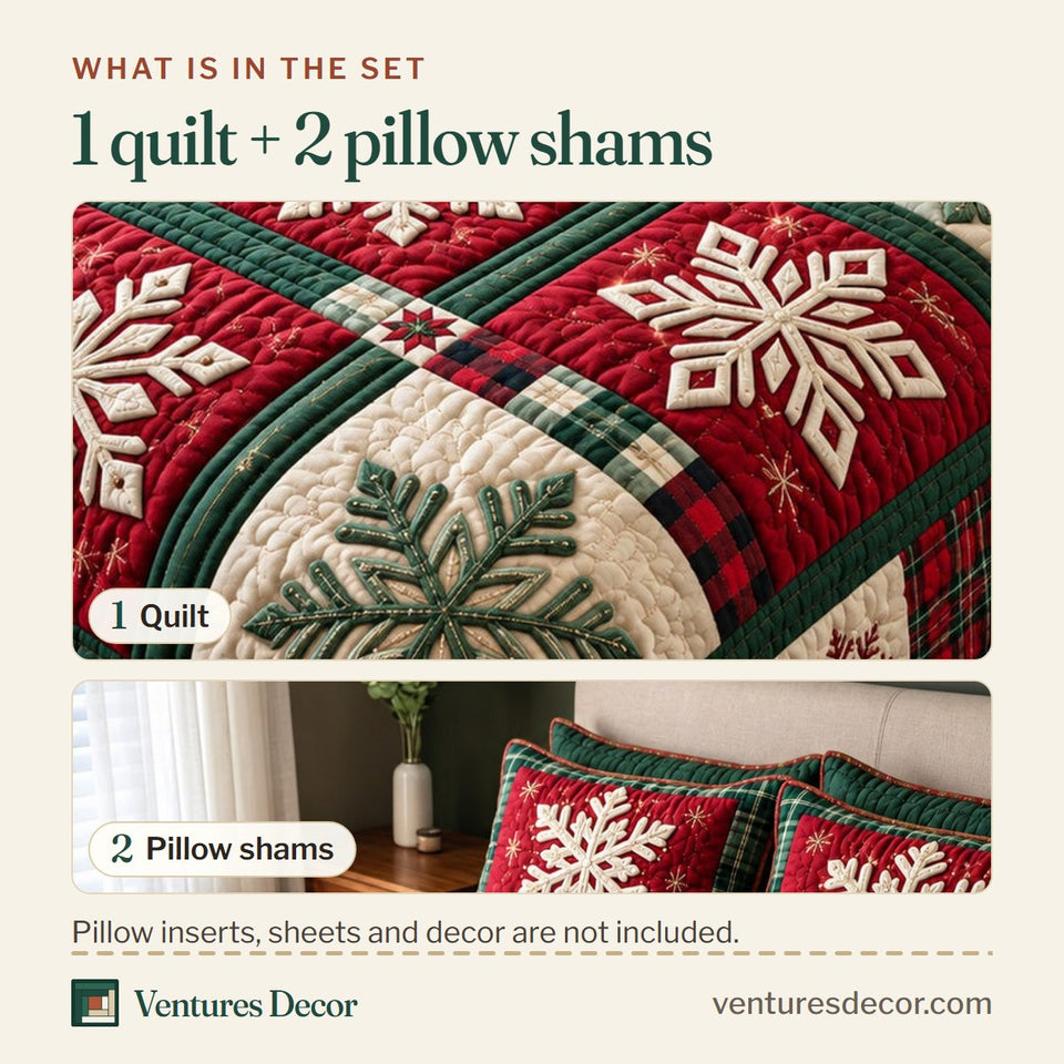What is in the set: one quilt and two pillow shams, shown in the Christmas Snowflake Quilt Set, 3-Piece Quilted Bedding with 2 Pillow Shams design