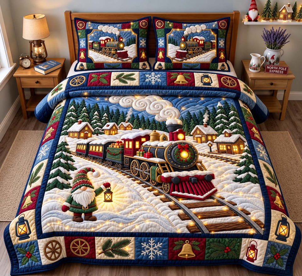 Christmas Train Village Gnome Bedding quilted bedding set, quilt and two pillow shams on a made bed