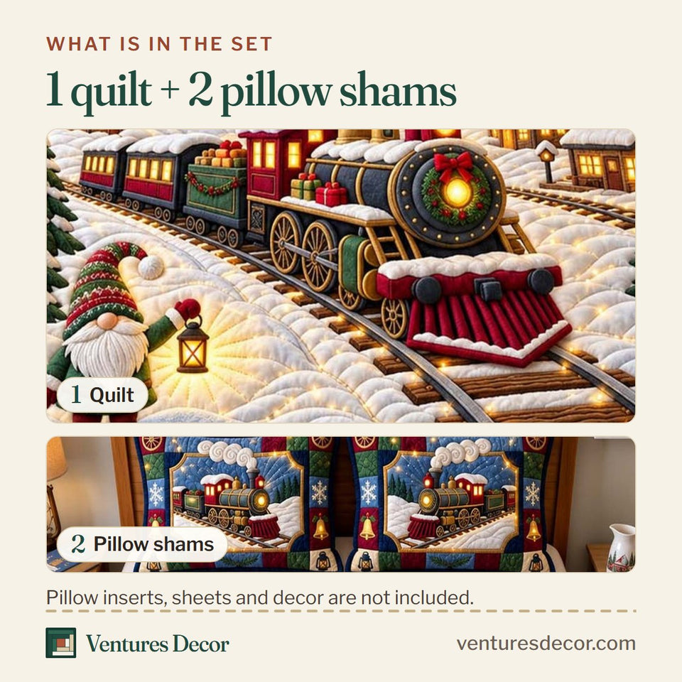 What is in the set: one quilt and two pillow shams, shown in the Christmas Train Village Gnome Bedding Quilt Set, 3-Piece Quilted Bedding with 2 Pillow Shams design
