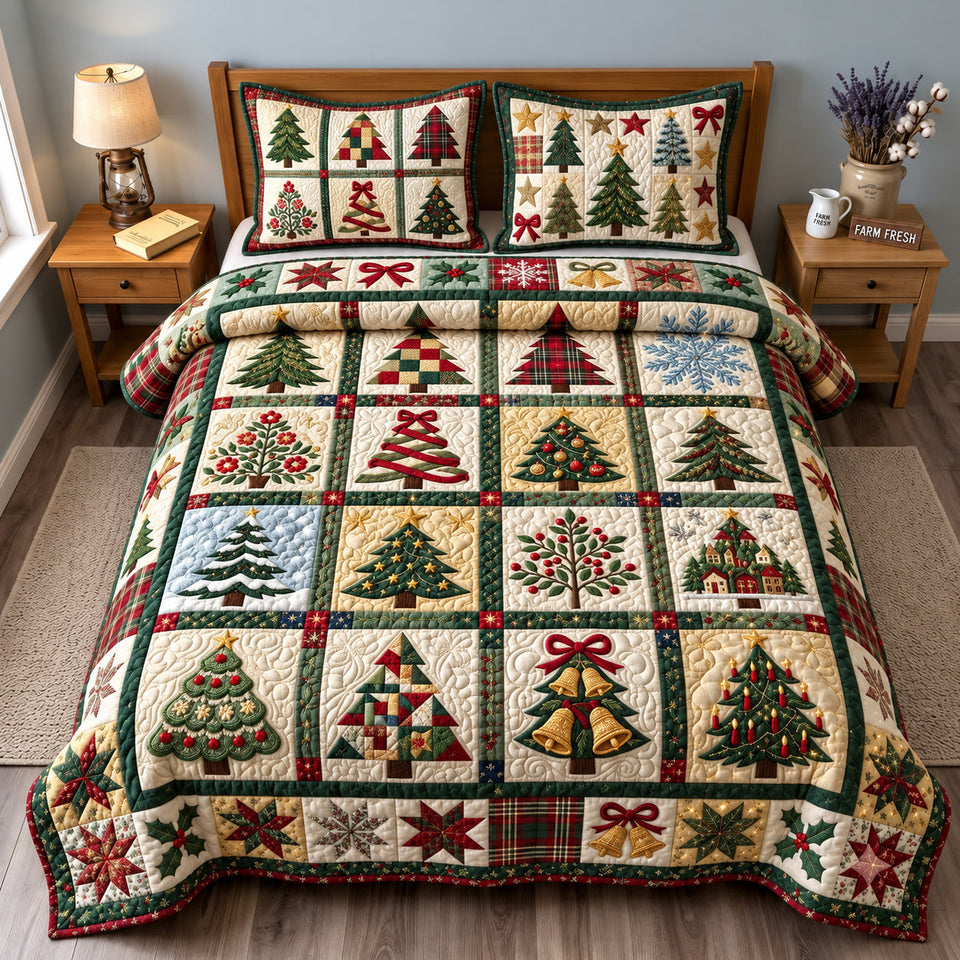 Christmas Tree Patchwork quilted bedding set, quilt and two pillow shams on a made bed