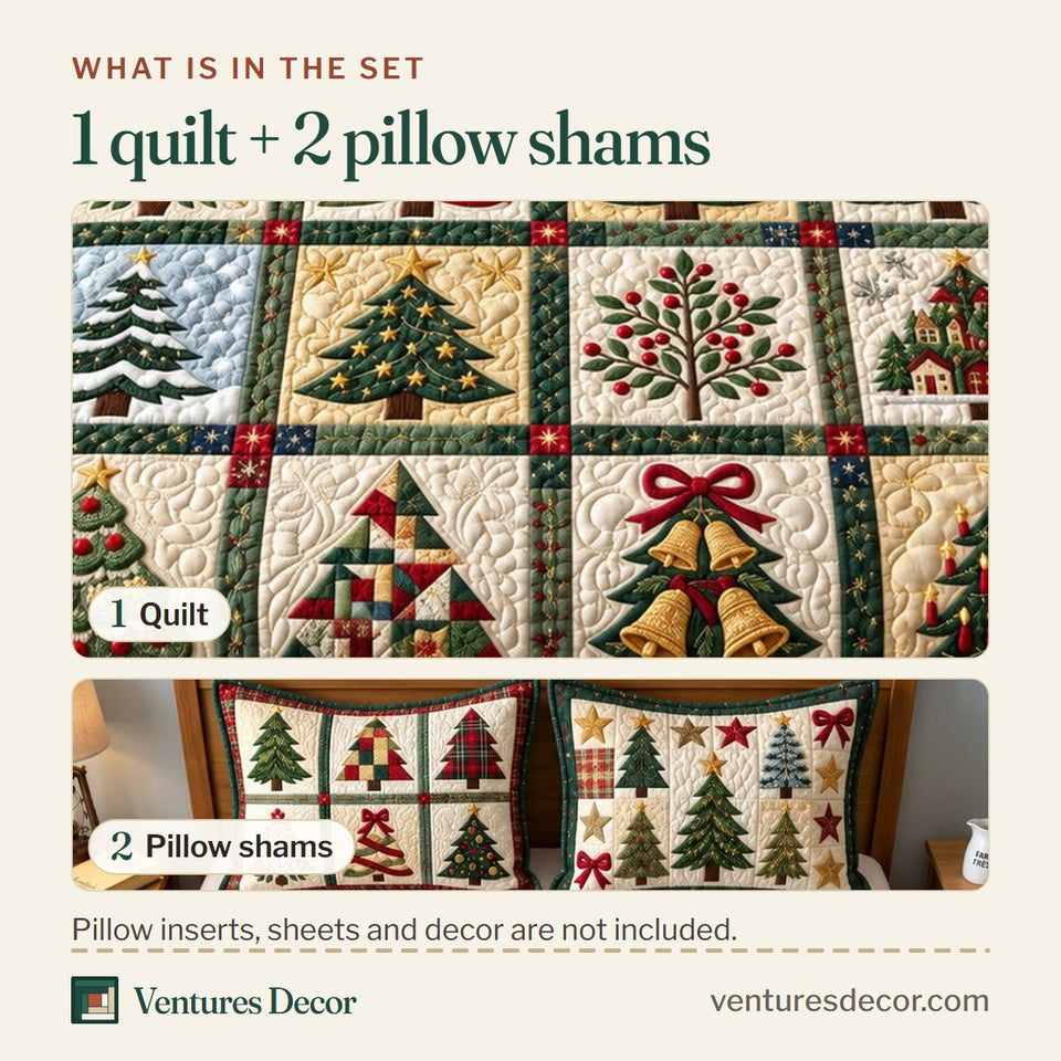 What is in the set: one quilt and two pillow shams, shown in the Christmas Tree Patchwork design