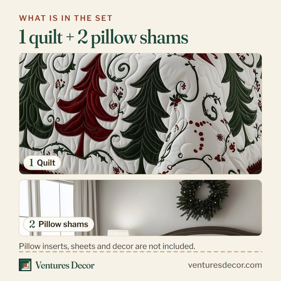 What is in the set: one quilt and two pillow shams, shown in the Christmas Tree Rows with Scalloped Edge design