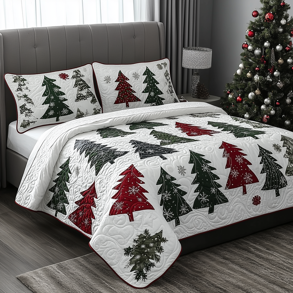 Christmas Tree Scattered Green and Burgundy quilted bedding set, quilt and two pillow shams on a made bed