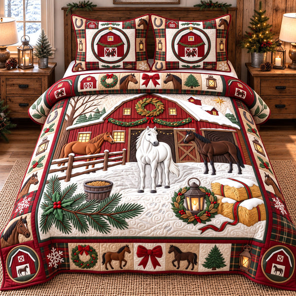 Christmas Trio Horses quilted bedding set, quilt and two pillow shams on a made bed