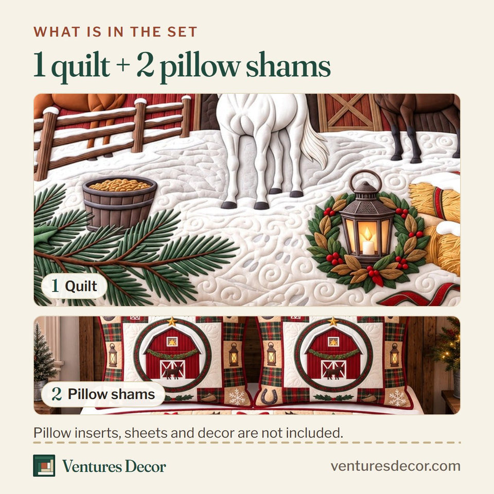 What is in the set: one quilt and two pillow shams, shown in the Christmas Trio Horses Quilt Set, 3-Piece Quilted Bedding with 2 Pillow Shams design