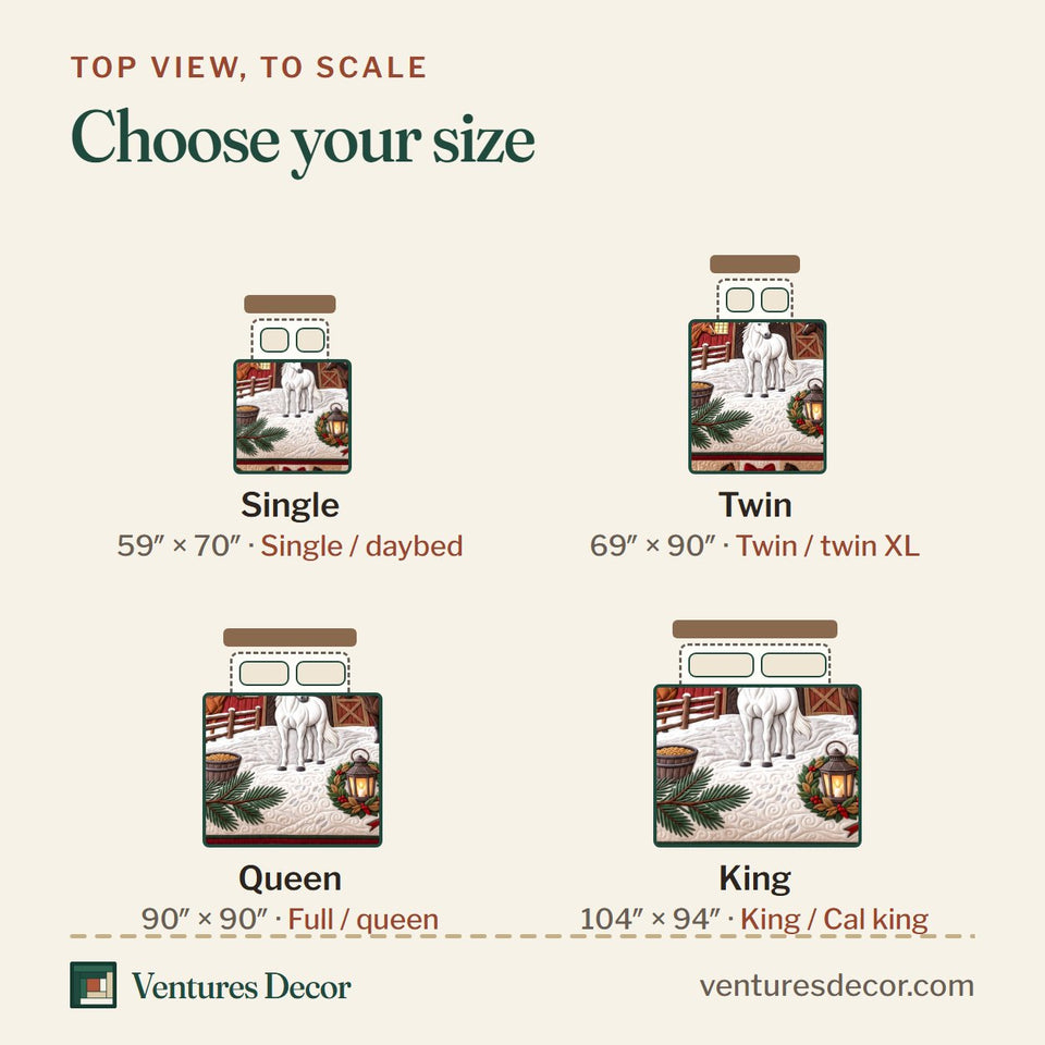 Size guide for the Christmas Trio Horses Quilt Set, 3-Piece Quilted Bedding with 2 Pillow Shams quilt, top view to scale: Single 59 x 70 in, Twin 69 x 90 in, Queen 90 x 90 in, King 104 x 94 in